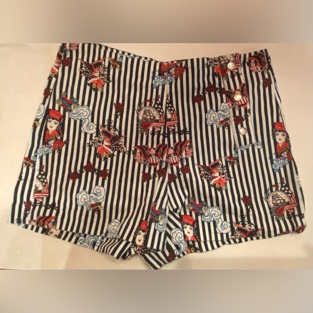 Zara Trafaluc Sailor Shorts Tattoo Flash Print Navy White Striped Womens Medium